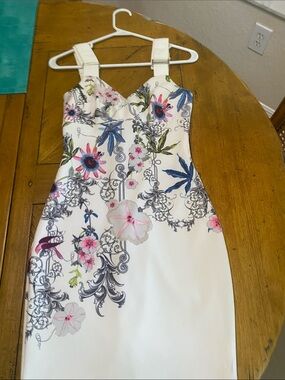 Ted Baker London White Floral Midi Dress with Pink & Blue Accents